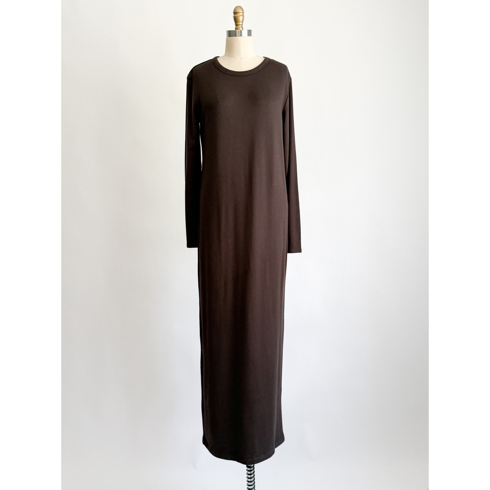 Bleusalt Long Sleeve Maxi Dress Minimalist Modal 4 Brown Crew Neck Made in USA